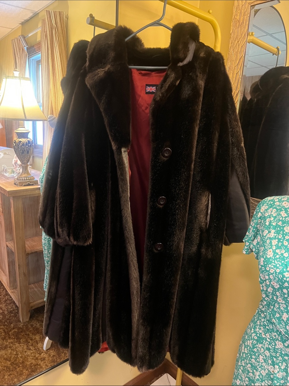 Vintage rare made in England Luxurious Dark Brown Fur Coat with Red Lining